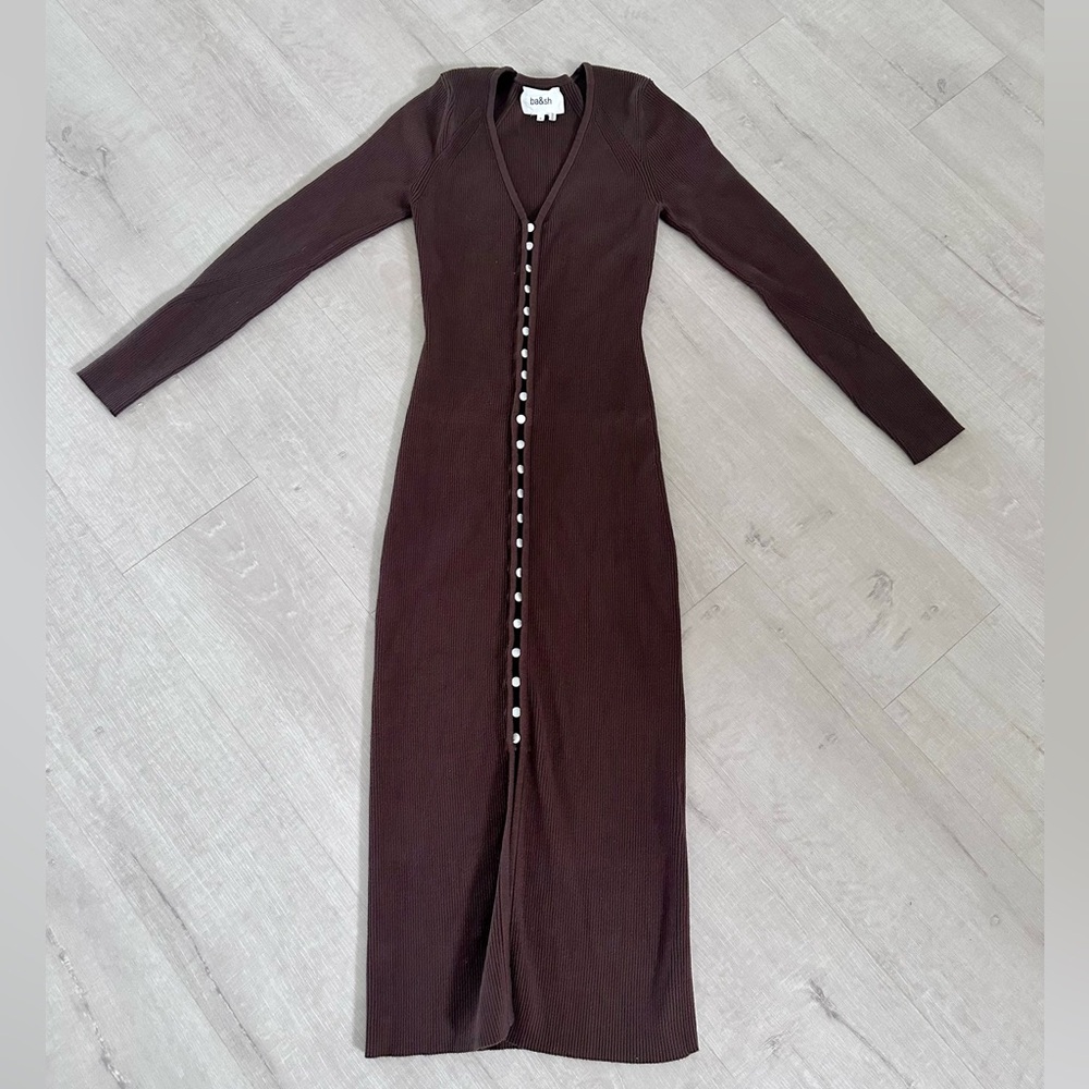 Ba&Sh Wissal Ribbed-Knit Dress in Brown- Size Small